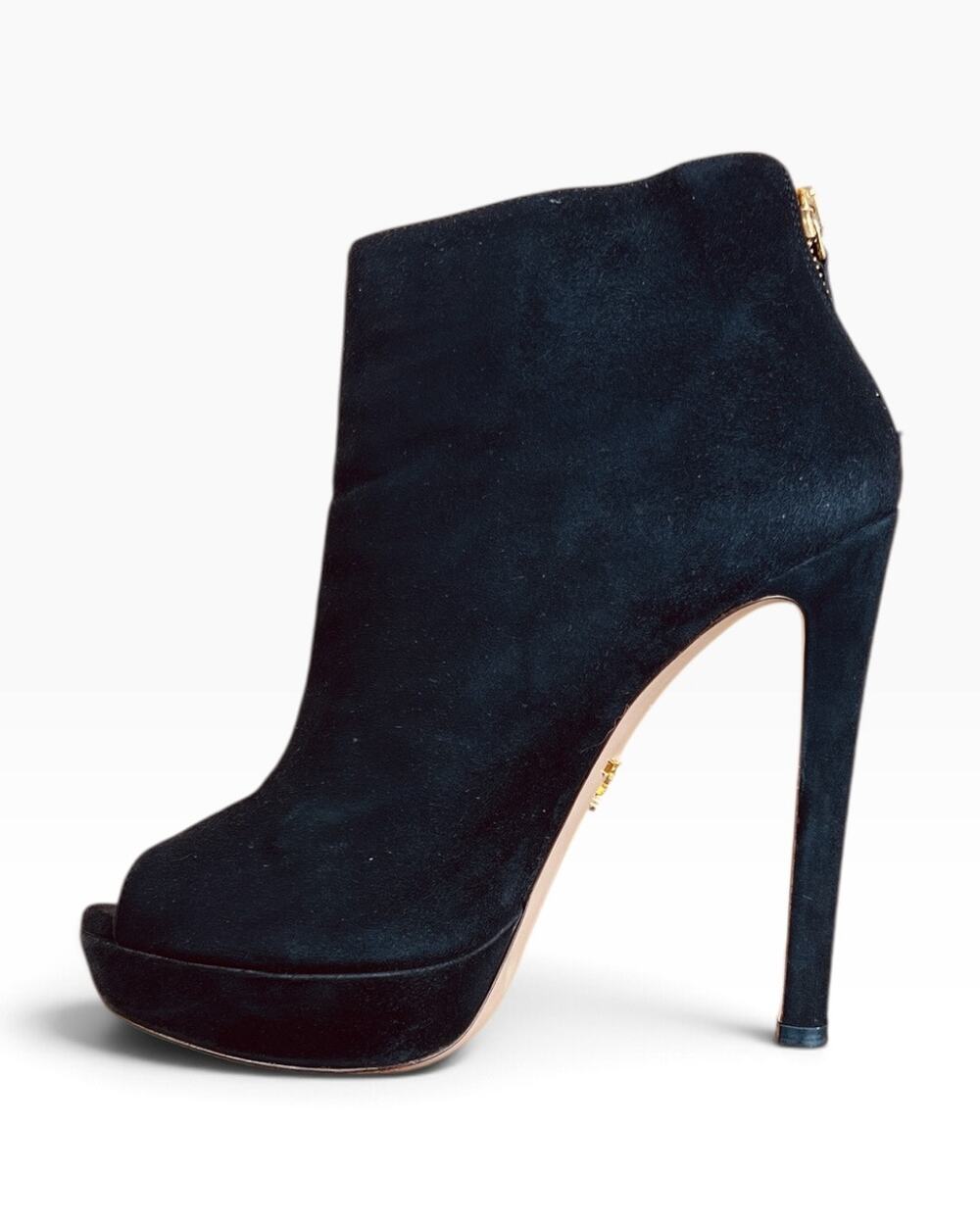 Prada Black Suede Peep Toe Platform Stiletto Back Zip Ankle Boots 38.5